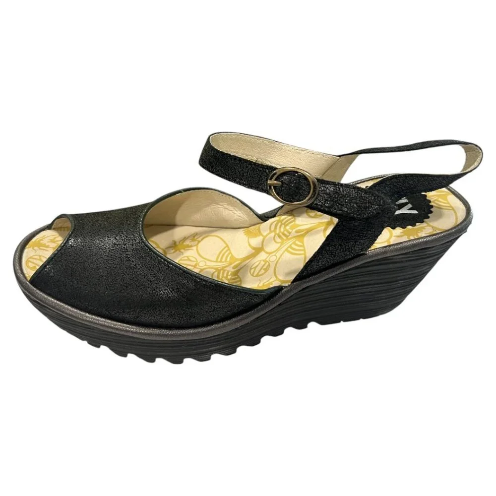 Fly London Yora Women's Black Leather Wedge Sandals Rubber Sole sz. 40